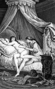 Ilustracja do „”Les Liaisons Dangereuses”” autorstwa Choderlos de Laclos. Grawerunek Charlesa Monneta (1732 - 1808): Valmont pisze list na odwrocie Emilie (kurtyzany).