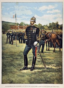 Pułk Ognia ma magazyn Longchamps (Portret pułkownika Coustona), ilustrowany przez Charlesa Morela (1861-1908). Rycina z 1887 r. w tygodniku „Paryż-Prześwietny””. autorstwa Charles Morel