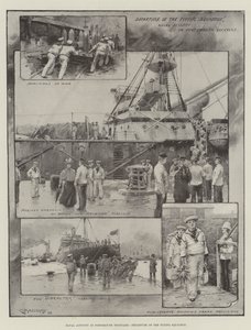 Aktywność marynarki wojennej w Portsmouth Dockyard, odlot latającej eskadry (litografia)