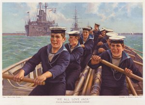Marynarze z HMS Triumph wiosłujący przez port (kolorowa litografia)