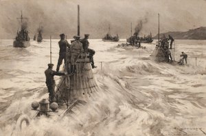Nowe brytyjskie okręty podwodne opuszczające Milford Haven (Anglia), aby wejść do akcji. Rysunek i pranie (30,4x45,5 cm) autorstwa Charlesa M. Paddaya (), początek XX wieku.