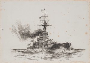 Brytyjski okręt Iron Duke. Rysunek (25,5x36,8 cm) autorstwa Charlesa M. Paddaya (), początek XX wieku.