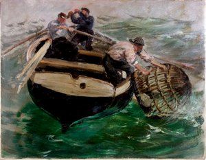 Ciągnięcie w doniczkach z homarami (olej na papierze) autorstwa Charles Napier Hemy