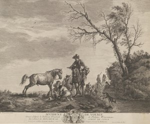 Wypadek w podróży, klęczący mężczyzna naprawiający złamane siodło, sikający koń o…, 1740-50.