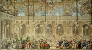 Bal maska lub piłka Ifs daje na ślub Ludwika Dauphin z Francji (1729-1765) z Marie Therese (Marie-Therese) z Hiszpanii w Galerii Glace w Wersalu w lutym 1745 Rysunek piórem i atramentem: Charles Nicolas Cochin le Jeune (1715-1790)