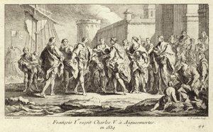 Król Francji Franciszek I przyjmujący cesarza Karola V w Aigues-Mortes autorstwa Charles Nicolas II Cochin