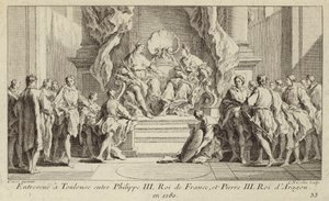 Spotkanie w Tuluzie króla Francji Filipa III i króla Piotra III Aragonii autorstwa Charles Nicolas II Cochin