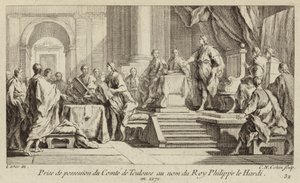 Posiadanie hrabstwa Tuluzy w imieniu króla Filipa III Francji autorstwa Charles Nicolas II Cochin