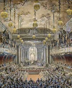 Reprezentacja komedii baletowej „La Princesse de Navarre” w Wersalu, z okazji ślubu Ludwika Dauphina z Francji z Marią Teresą (Maria Teresa) z Hiszpanii (1726-1746) w Wersalu 23 lutego autorstwa Charles Nicolas II Cochin