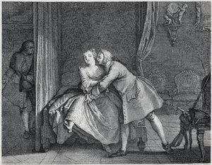 Uszy i ilustracja regału na formy dla Les contes de La Fontaine, około 1743”. grawerunek Charlesa-Nicolasa Cochina (1715-1790). autorstwa Charles Nicolas II Cochin