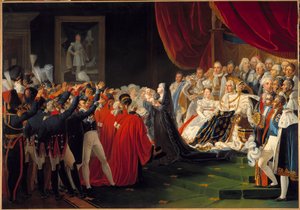 Księżna Berry przedstawia swemu synowi księcia Bordeaux ludowi i wojsku: Maria Karolina de Bourbon Sycylia, księżna Berry, przedstawia swego syna księcia Bordeaux ludowi i wojsku w obecności króla Ludwika XVIII, otacza autorstwa Charles Nicolas Raphael Lafond
