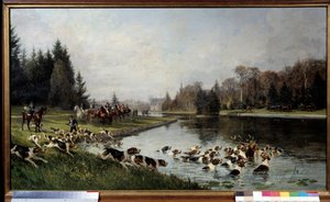 Upoluj rasę: „” Hallali jelenia nad stawem Sulvie, polowanie na księcia Aumale”” Obraz Charlesa Oliviera de Penne (1831-1897) 1880 nd. 0,77x1,33 m Chantilly, musee Conde - Polowanie na psy gończe: Halo jelenia nad stawem Sulvie, polowanie na