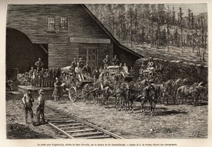 Stacja Reno, aby dostać się do Virginia City (Nevada), na Central Pacific Railway (Central Pacific), wygrawerowana według rysunku O. de Penne, ilustrującego podróż z Waszyngtonu do San Francisco w 1868 r. przez L. Simonin, opublikowany w „Le t