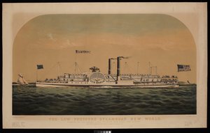 Niskociśnieniowy parowiec New World. Płynący po rzece Hudson, między Nowym Jorkiem a Albany (litografia, kolorowana) autorstwa Charles Parsons