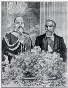 Cordial: wizyta prezydenta Francji Emile Loubeta w Londynie - bankiet we francuskiej ambasadzie - King Edward VII i Loubet - narysowany przez Paula Renouarda dla gazety The Graphic. Lipiec 1903. autorstwa Charles Paul Renouard