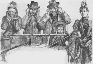 Odwiedzający wystawę paryską słuchający fonografu autorstwa Charles Paul Renouard