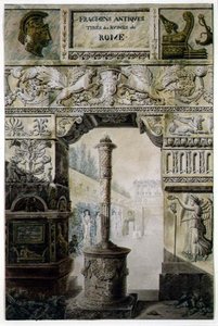 Fragmenty antyczne ze starożytnego Rzymu, projekt strony tytułowej z „Pałace, domy i inne nowoczesne budowle, rysunki w Rzymie” Charlesa Percier i Francois Leonard Fontaine (1762-1853) wyd. Paryż