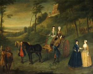 Panie i druhny w Greenwich Park: portret grupowy Juliany, księżnej Leeds, lady Charlotte Hamilton, lady Isabelli Tufton i Henrietty, hrabiny Pomfret, wszystkie w habitach jeździeckich, z panem młodym i końmi przed obserwatorium, 173