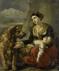 Pies bernardyn przychodzi z pomocą zagubionej kobiecie z chorym dzieckiem autorstwa Charles Picqué