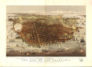 Miasto San Francisco. Widok z lotu ptaka na zatokę w kierunku południowo-zachodnim autorstwa Charles R. Parsons