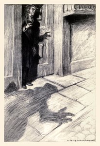 Pan Utterson był świadom dziwnego, lekkiego kroku zbliżającego się” z „Dziwnej sprawy doktora Jekylla i pana Hyde’a” Roberta Louisa Stevensona (1850-1894) zilustrowanego przez Charlesa Raymonda Macauleya (1871-1934)