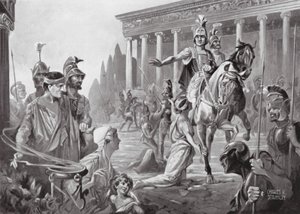 Aleksander podczas zdobycia Teb, p.n.e. 335 (litografia) autorstwa Charles Rebel Stanton