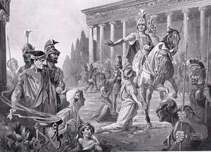 Aleksander podczas zdobycia Teb w 335 r. p.n.e., ilustracja z "Hutchinson