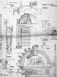 Certosa di Pavia, Drzwi w małym klasztorze, 1891 (strona ze szkicownika, tusz na papierze na naboje) autorstwa Charles Rennie Mackintosh