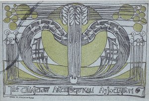 Conversazione Program dla Glasgow Architectural Association, 1894 (linoryt wydrukowany w czerni i zieleni na jasnoniebieskim papierze) autorstwa Charles Rennie Mackintosh