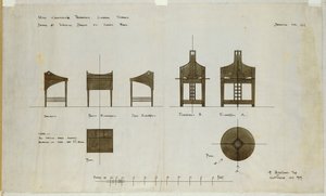 Projekty biurek na elewacjach frontowych i bocznych, dla Herbaciarni Ingram Street, 1909 autorstwa Charles Rennie Mackintosh