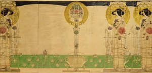 Wstępny projekt dekoracji ściennej pokoju na pierwszym piętrze Buchanan Street Tearooms Miss Cranston, 18967 (ołówek i wc na kalce technicznej) autorstwa Charles Rennie Mackintosh