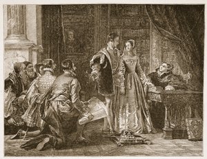 Niechęć lady Jane Grey do przyjęcia korony, Sion House, 8 lipca 1553, ilustracja z „Kościoła anglikańskiego: historia dla ludu” autorstwa H.D.M. Spence-Jones, wyd. ok. 1910 (zdjęcie w sepii) autorstwa Charles Robert Leslie