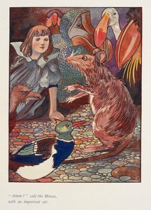 "Ahem!" - powiedziała mysz z ważną miną.
Alicja z myszą i innymi zwierzętami. autorstwa Charles Robinson