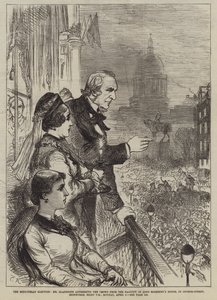 Wybory w Midlothian, pan Gladstone przemawiający do tłumu z balkonu Lord Rosebery House, George-Street, Edynburg, godz. 20:00, poniedziałek, 5 kwietnia