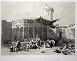 Panjab: Sikh Soldiers otrzymujący wynagrodzenie w Royal Durbar, Lahore, płyta 12 z „Recollections of India”, grawerowana przez Jamesa Duffielda Hardinga (1798-1863) 1847 (lito) autorstwa Charles Stewart (after) Hardinge