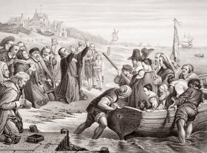 Wyjazd Ojców Pielgrzymów z Delft Haven w lipcu 1620 r. z „Illustrations of English and Scottish History” Tom I (rycina)