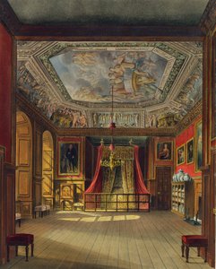 Łóżko królowej Anny, zamek Windsor, z „Rezydencji Królewskich”, ryty przez Thomasa Sutherlanda (ur. 1785), wyd. William Henry Pyne (1769-1843), 1816 (akwatinta)