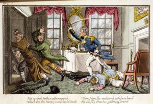 Jego oko wystrzeliło miażdżące spojrzenie... z Przygody kapitana poczty, wydane przez oficera marynarki, pub. 1820 (akwatinta ręcznie kolorowana)