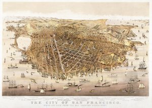 Miasto San Francisco, widok z lotu ptaka z zatoki na południowy-zachód, opublikowane przez Currier & Ives autorstwa Charles Richard Parsons
