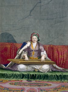 Turecka dziewczyna gra na instrumencie do skubania klawiatury, pub. 1707-08. autorstwa Charles de Ferriol