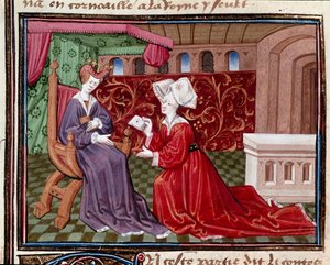 Służąca nosząca list do królowej Izoldy (lub zniewagi) Miniatura zaczerpnięta z „”Romanesque du Chevalier Tristan”” przez Mistrza Karola z Maine 1440-1460. Chantilly, Muzeum Conde