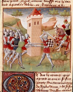 Lancelot du Lac walczący z rycerzami Miniatura zaczerpnięta z „”Roman du Chevalier Tristan”” Mistrza Charlesa de Maine (wersja Beroul). 1440-1460. Chantilly, Muzeum Condé