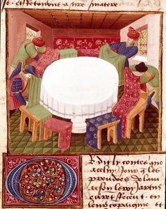 Preparaty Okrągłego Stołu na Przybycie Rycerzy Miniaturowych zaczerpnięte z „”Romanesque du Chevalier Tristan”” Mistrza Charlesa de Maine (wersja Beroul). 1440-1460. Chantilly, Muzeum Conde