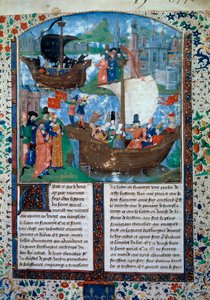 Tristan i Iseult (Izolda lub Yseult) opuszczają Irlandię, Tristan pije filtr miłości. W głębi duszy ich dwa ciała są sprowadzane z powrotem do Irlandii. Miniatura z rękopisu ms. 103 f.1 Powieść Tristana”” przypisywana mistrzowi Karolowi z Maine. XV wiek