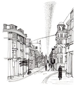 Cornmarket Street, 2019 (pióro i atrament) autorstwa Charlotte Orr