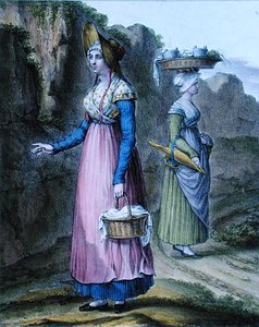 Chłopskie dziewczęta z regionu Lyonu, płyta 2 z „Suite de Costumes”, ok. 1845 (kolor litho)