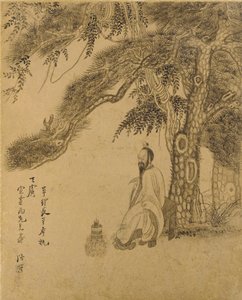 Przygotowanie eliksiru pod sosną, dynastia Qing, 1651 (atrament na złotym papierze) autorstwa Chen Hongshou