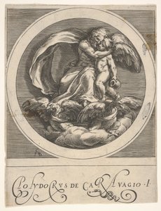 Jowisz, siedzący nad dwoma orłami i obejmujący Kupidyna, okrągła kompozycja z serii..., ca. 1590. autorstwa Cherubino Alberti