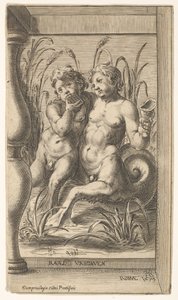 Dwa trytony obejmujące, jeden grający na piszczałce, drugi trzymający muszlę ustawioną w…, 1579. autorstwa Cherubino Alberti