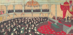 Ilustracja przedstawiająca cesarskie zgromadzenie domu parów Teikoku gikai kizokuin no zu..., 1890.